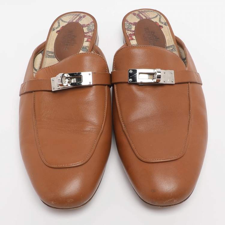 Pre Owned Hermes Naturel Leather Oz Flat Mules Size 38