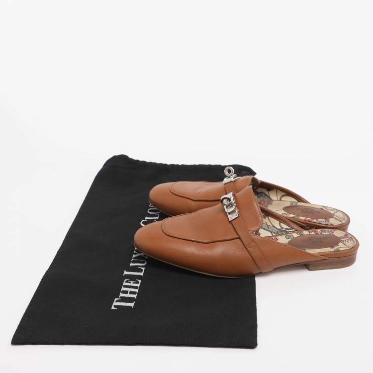 Pre Owned Hermes Naturel Leather Oz Flat Mules Size 38