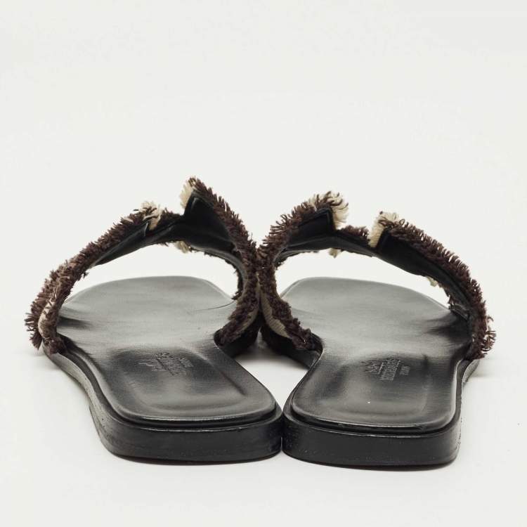 Pre Owned Hermes Brown/White Knit Fabric Oran Sandals Size 35