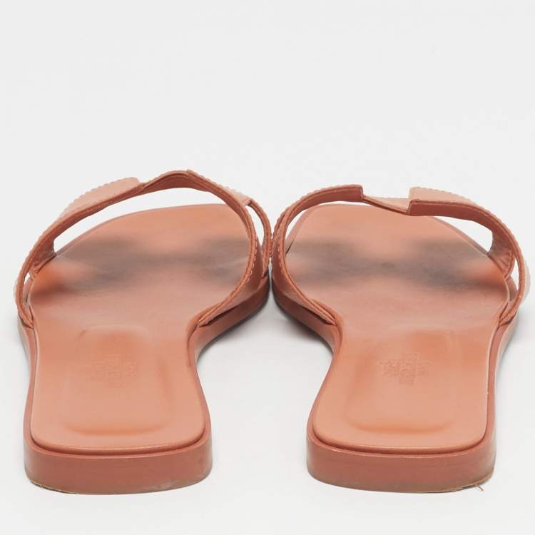 Pre Owned Hermes Orange Leather Oran Flat Slide Size 38.5