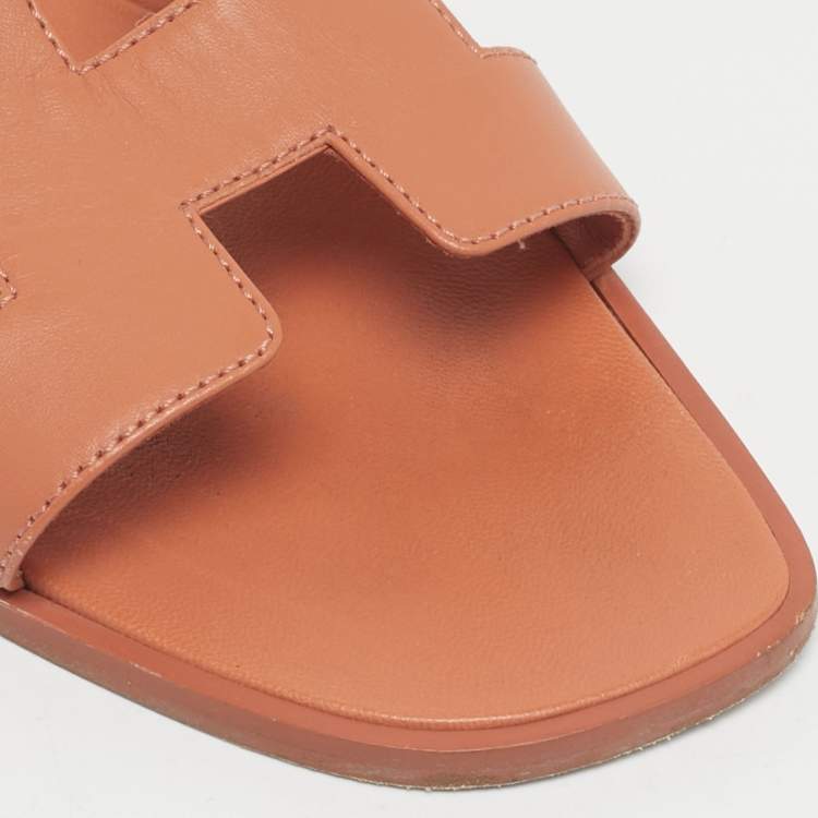 Pre Owned Hermes Orange Leather Oran Flat Slide Size 38.5