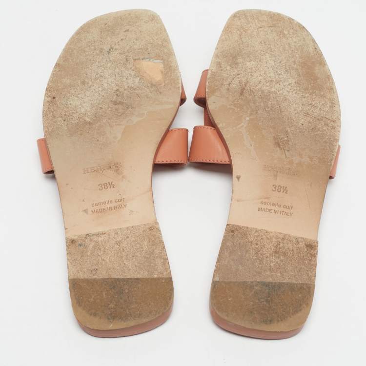 Pre Owned Hermes Orange Leather Oran Flat Slide Size 38.5