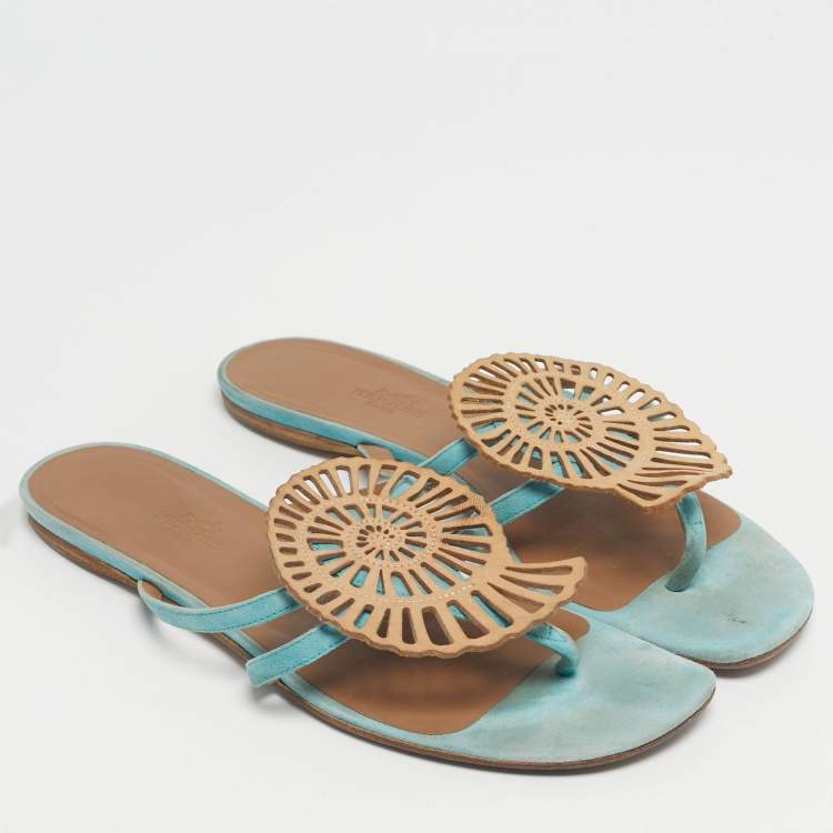 Pre Owned Hermes Blue/Brown Suede Nautilus Thong Slides Size 39