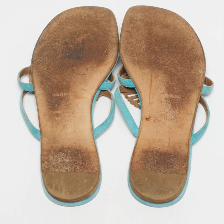 Pre Owned Hermes Blue/Brown Suede Nautilus Thong Slides Size 39