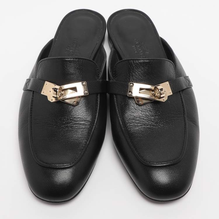 Pre Owned Hermes Black Leather Oz Mules Size 35