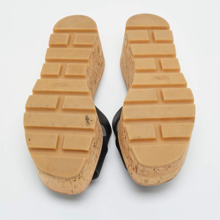 Pre Owned Hermes Black Leather Eze Platform Cork Wedge Sandals Size 37