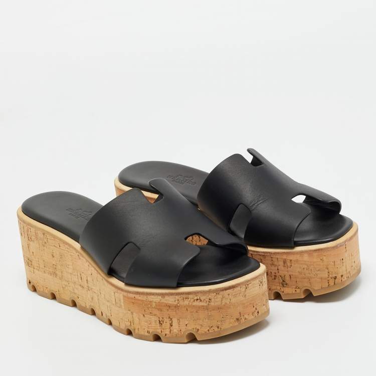 Pre Owned Hermes Black Leather Eze Platform Cork Wedge Sandals Size 37