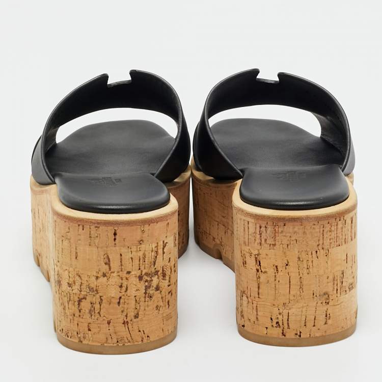 Pre Owned Hermes Black Leather Eze Platform Cork Wedge Sandals Size 37