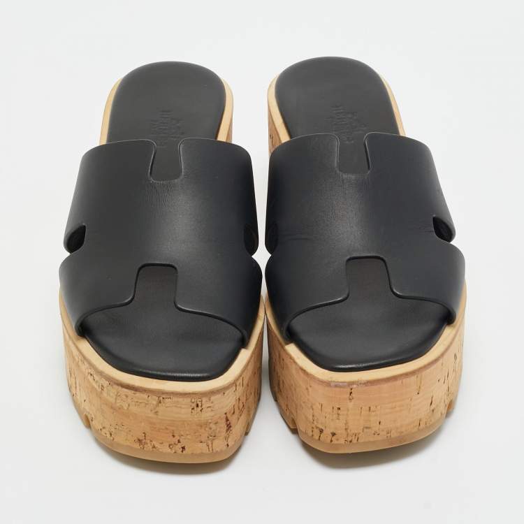 Pre Owned Hermes Black Leather Eze Platform Cork Wedge Sandals Size 37