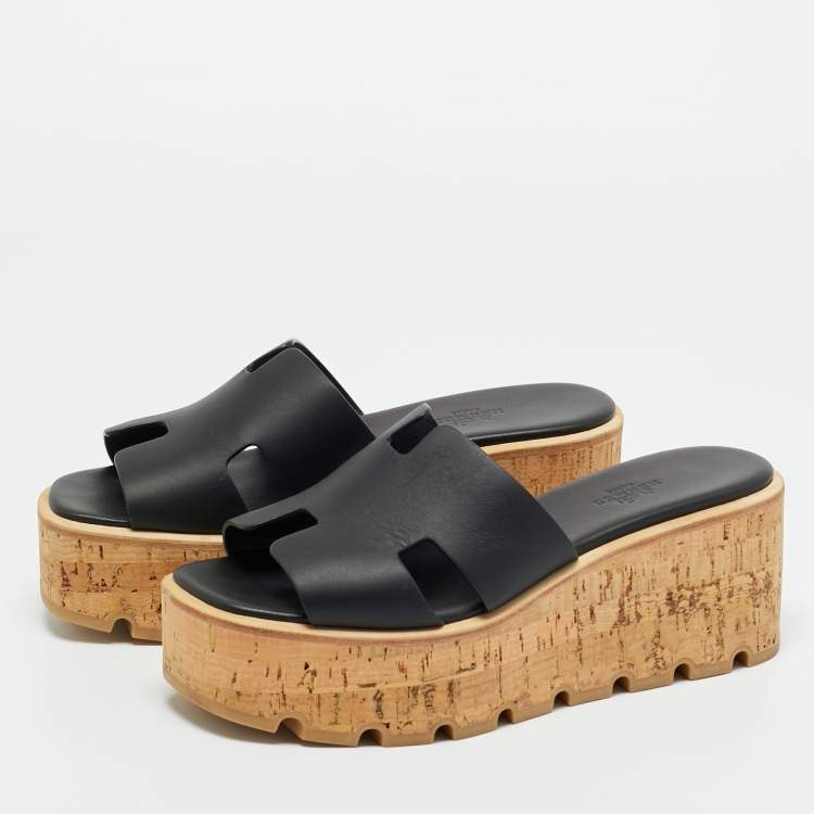 Pre Owned Hermes Black Leather Eze Platform Cork Wedge Sandals Size 37