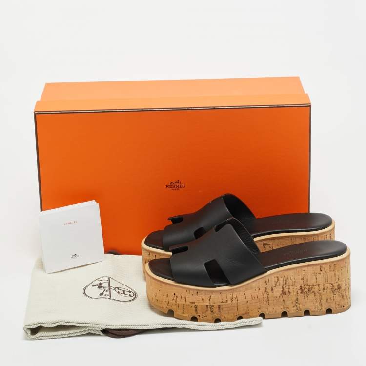 Pre Owned Hermes Black Leather Eze Platform Cork Wedge Sandals Size 37