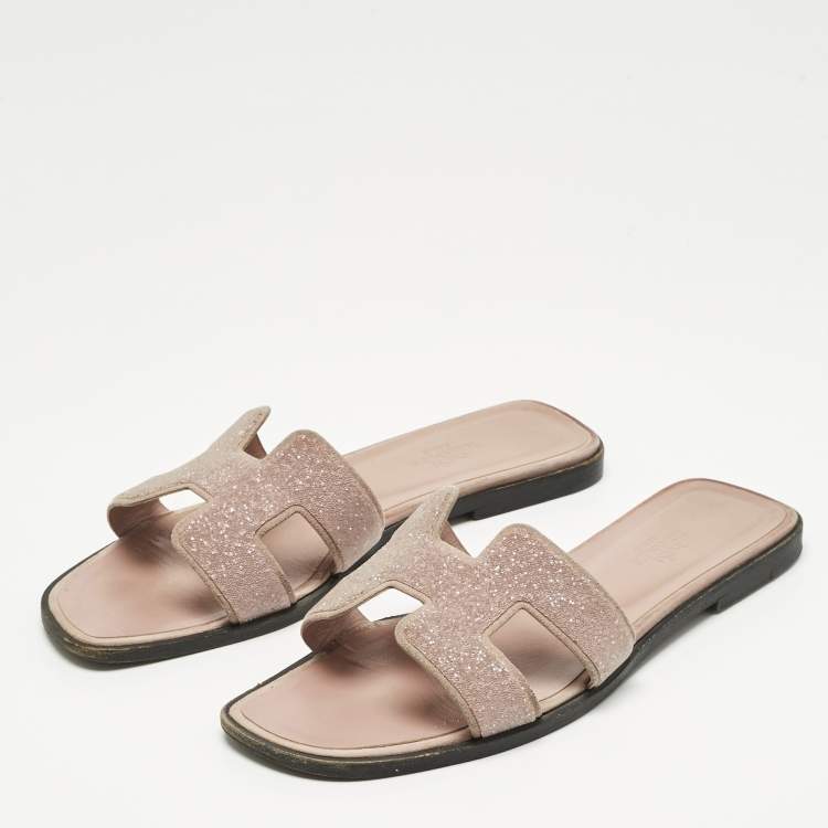 Pre Owned Hermes Pink Crystal Suede Oran Flat Slides Size 37.5