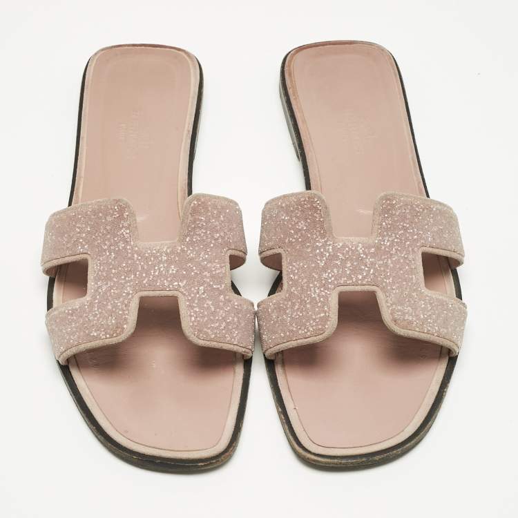 Pre Owned Hermes Pink Crystal Suede Oran Flat Slides Size 37.5