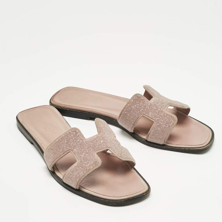 Pre Owned Hermes Pink Crystal Suede Oran Flat Slides Size 37.5