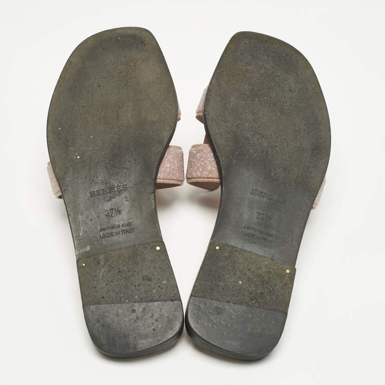 Pre Owned Hermes Pink Crystal Suede Oran Flat Slides Size 37.5