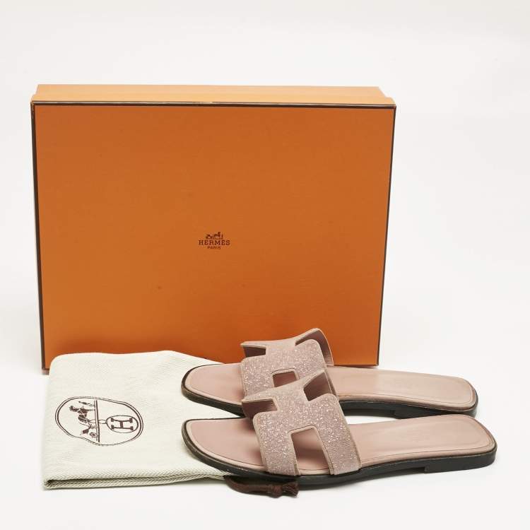 Pre Owned Hermes Pink Crystal Suede Oran Flat Slides Size 37.5