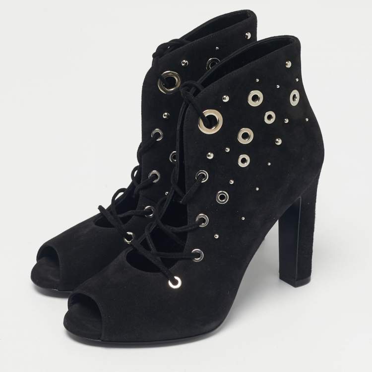 Pre Owned Hermes Black Black Suede Goatskin Parade Lace Up Ankle Boots Size 38