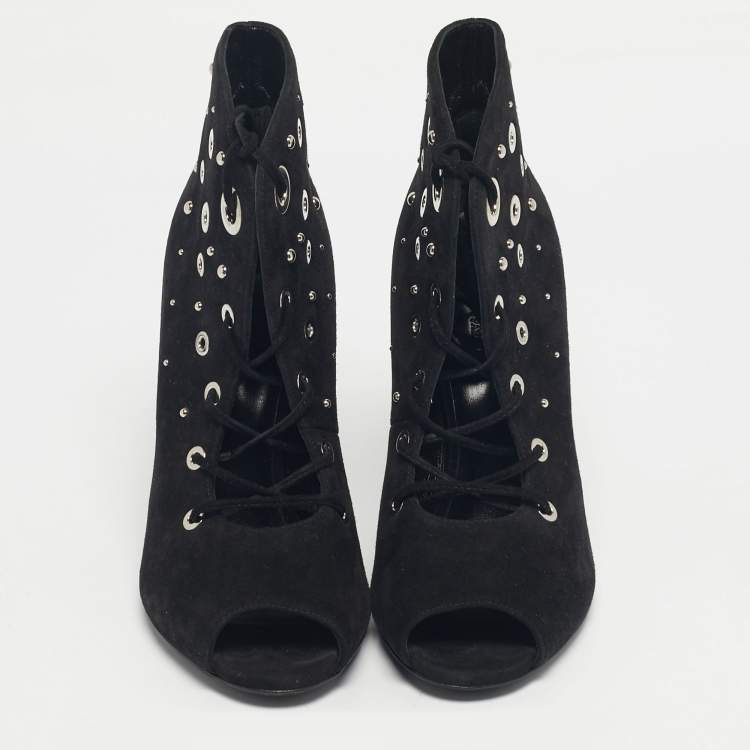 Pre Owned Hermes Black Black Suede Goatskin Parade Lace Up Ankle Boots Size 38