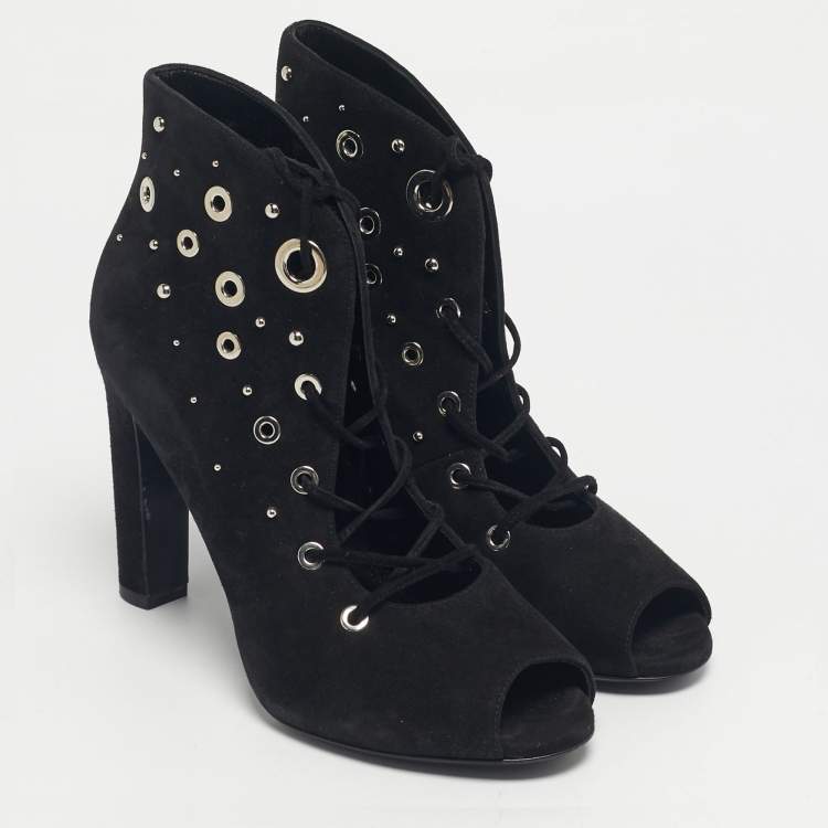 Pre Owned Hermes Black Black Suede Goatskin Parade Lace Up Ankle Boots Size 38