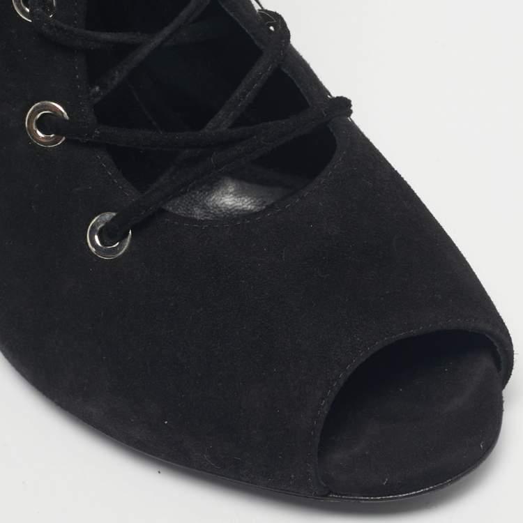 Pre Owned Hermes Black Black Suede Goatskin Parade Lace Up Ankle Boots Size 38