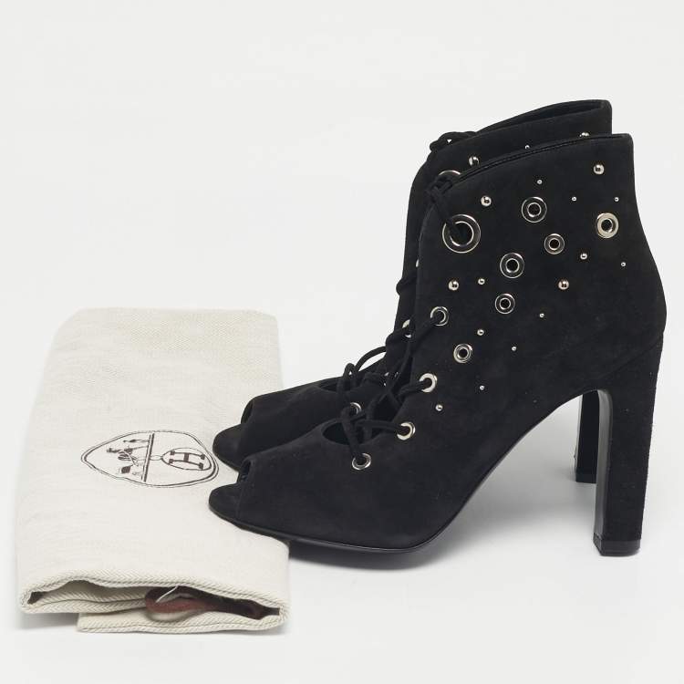 Pre Owned Hermes Black Black Suede Goatskin Parade Lace Up Ankle Boots Size 38
