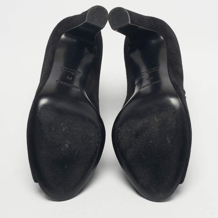 Pre Owned Hermes Black Black Suede Goatskin Parade Lace Up Ankle Boots Size 38
