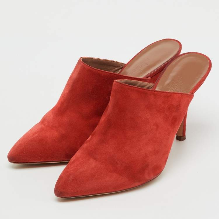 Pre Owned Hermes Orange Suede Pointed Toe Mules Size 37.5