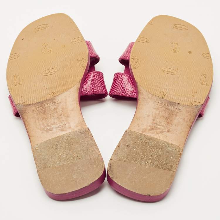 Pre Owned Hermes Pink Lizard Leather Oran Flat Sandals Size 37.5
