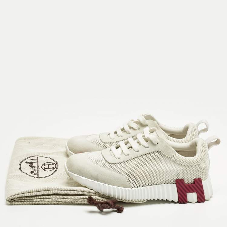 مملوكة مسبقًا Hermes Grey/White Fabric and Suede Bouncing Low Top Sneakers Size 37