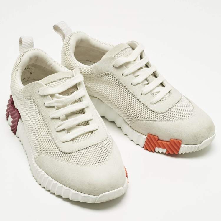 مملوكة مسبقًا Hermes Grey/White Fabric and Suede Bouncing Low Top Sneakers Size 37