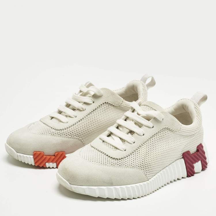 مملوكة مسبقًا Hermes Grey/White Fabric and Suede Bouncing Low Top Sneakers Size 37