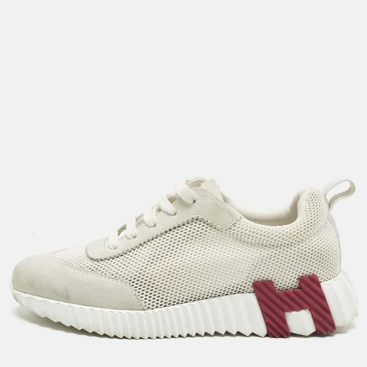 مملوكة مسبقًا Hermes Grey/White Fabric and Suede Bouncing Low Top Sneakers Size 37