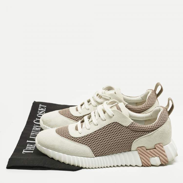 Pre Owned Hermes Grey/Beige Suede and Mesh Bouncing Sneakers Size 41.5