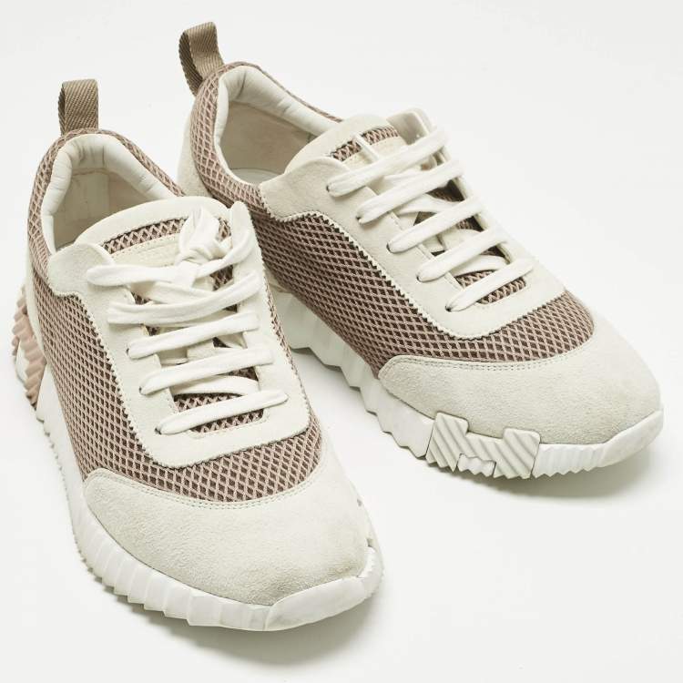 Pre Owned Hermes Grey/Beige Suede and Mesh Bouncing Sneakers Size 41.5