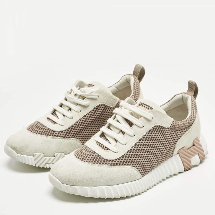 Pre Owned Hermes Grey/Beige Suede and Mesh Bouncing Sneakers Size 41.5