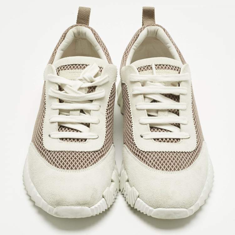 Pre Owned Hermes Grey/Beige Suede and Mesh Bouncing Sneakers Size 41.5