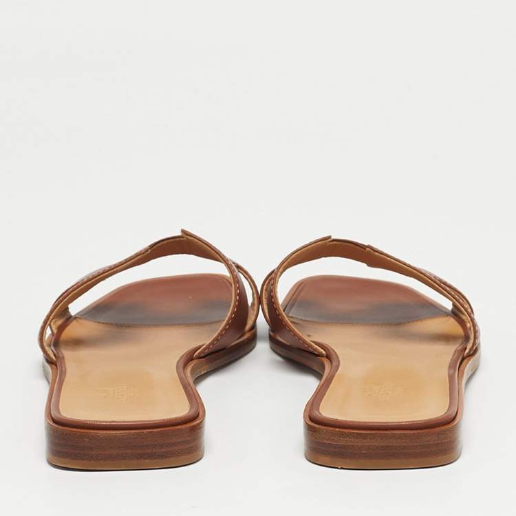 Pre Owned Hermes Brown Leather Oran Flat Slides Size 39