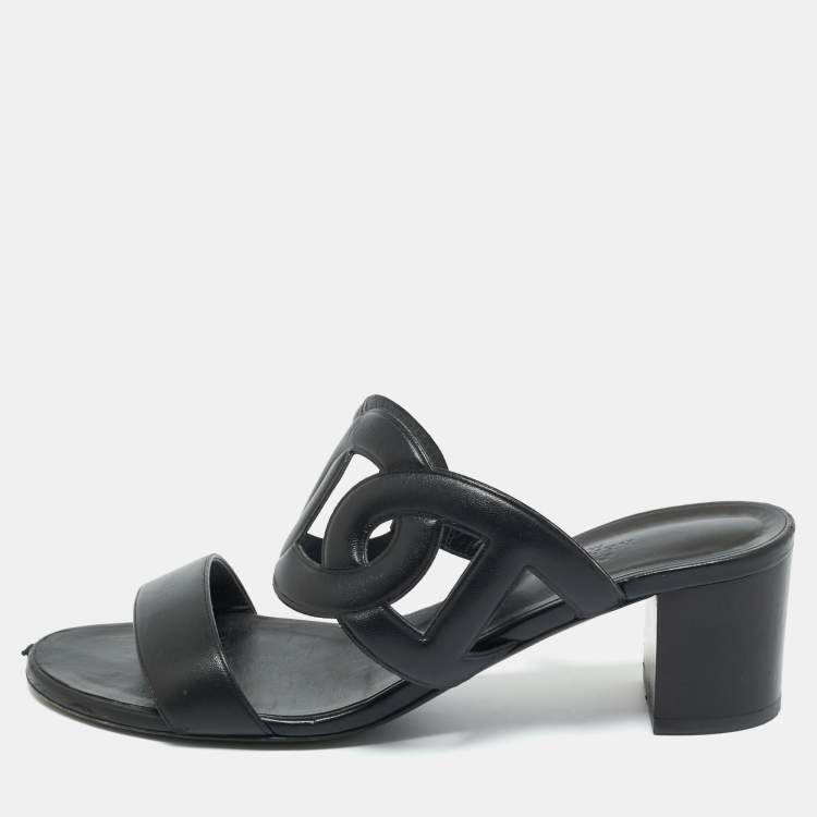 Pre Owned Hermes Black Leather Bikini Slide Sandals Size 38