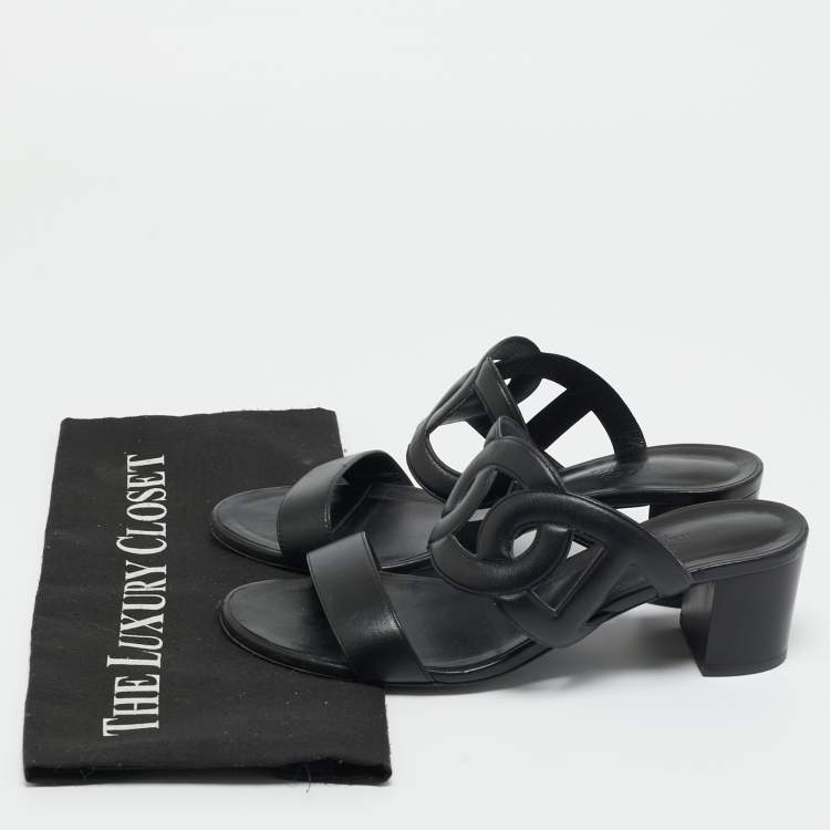 Pre Owned Hermes Black Leather Bikini Slide Sandals Size 38