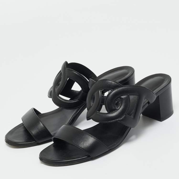 Pre Owned Hermes Black Leather Bikini Slide Sandals Size 38