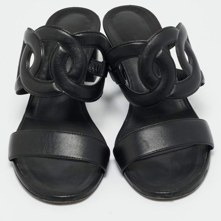 Pre Owned Hermes Black Leather Bikini Slide Sandals Size 38