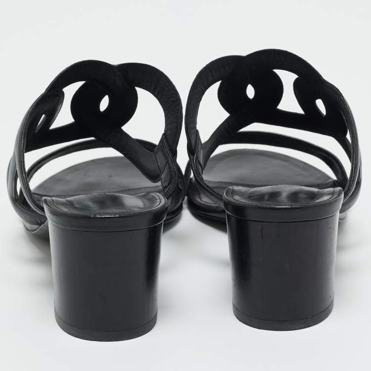 Pre Owned Hermes Black Leather Bikini Slide Sandals Size 38