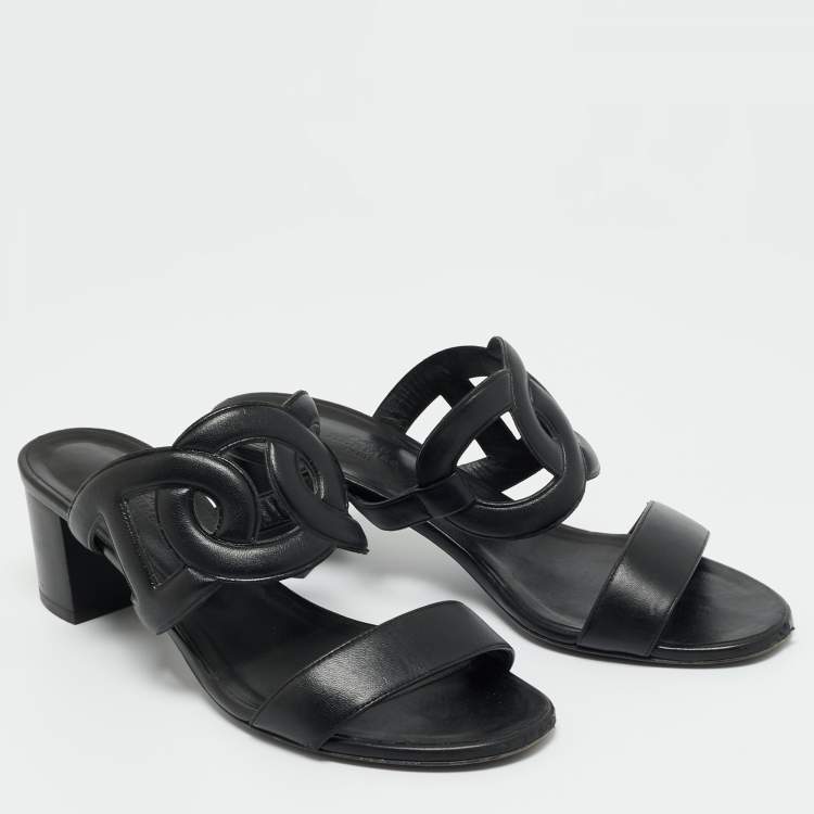Pre Owned Hermes Black Leather Bikini Slide Sandals Size 38