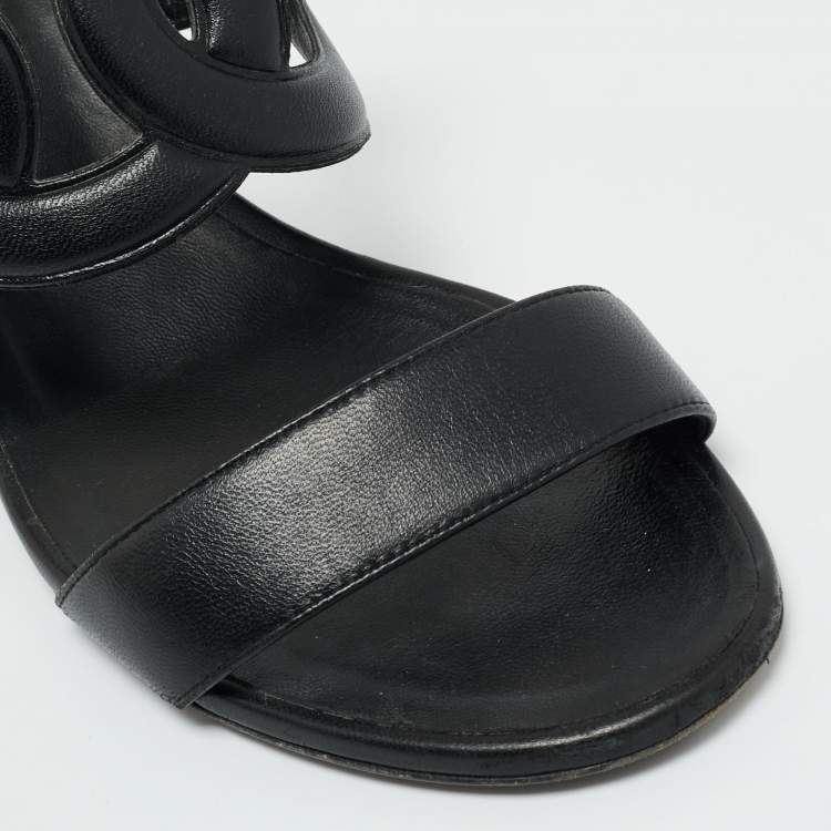 Pre Owned Hermes Black Leather Bikini Slide Sandals Size 38
