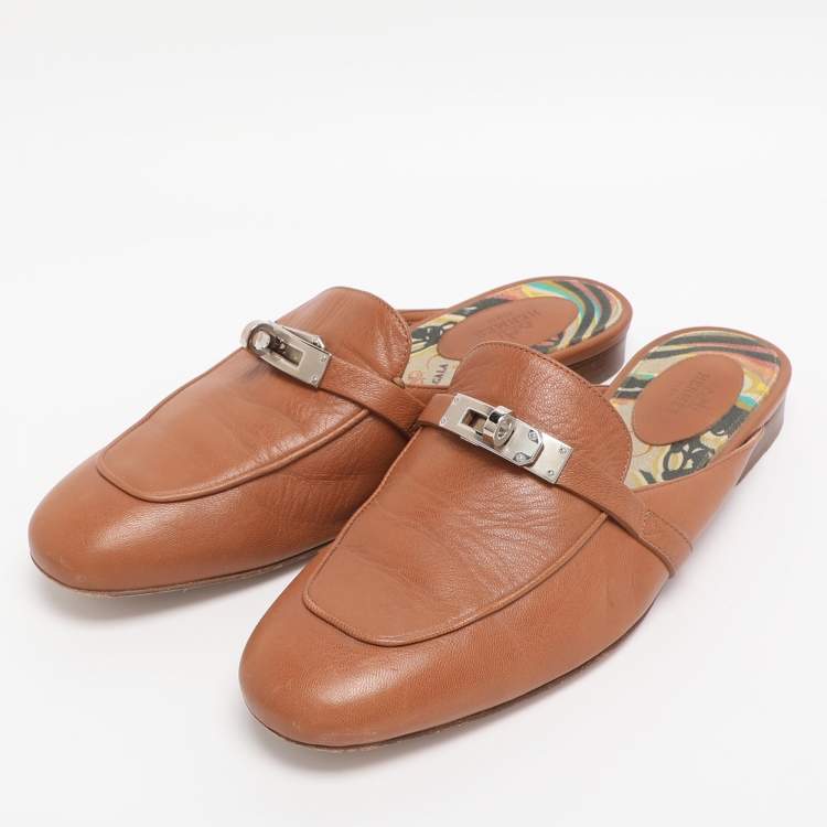 Pre Owned Hermes Brown Leather Palladium Plated Oz Mules  Size 38.5