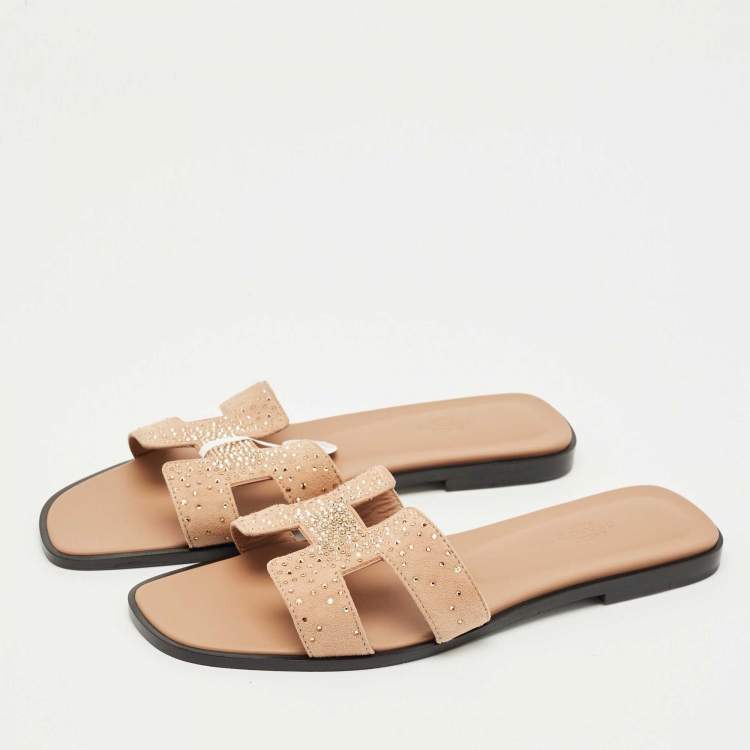 Pre Owned Hermes Beige Suede Oran Crystals Flat Slides Size 40