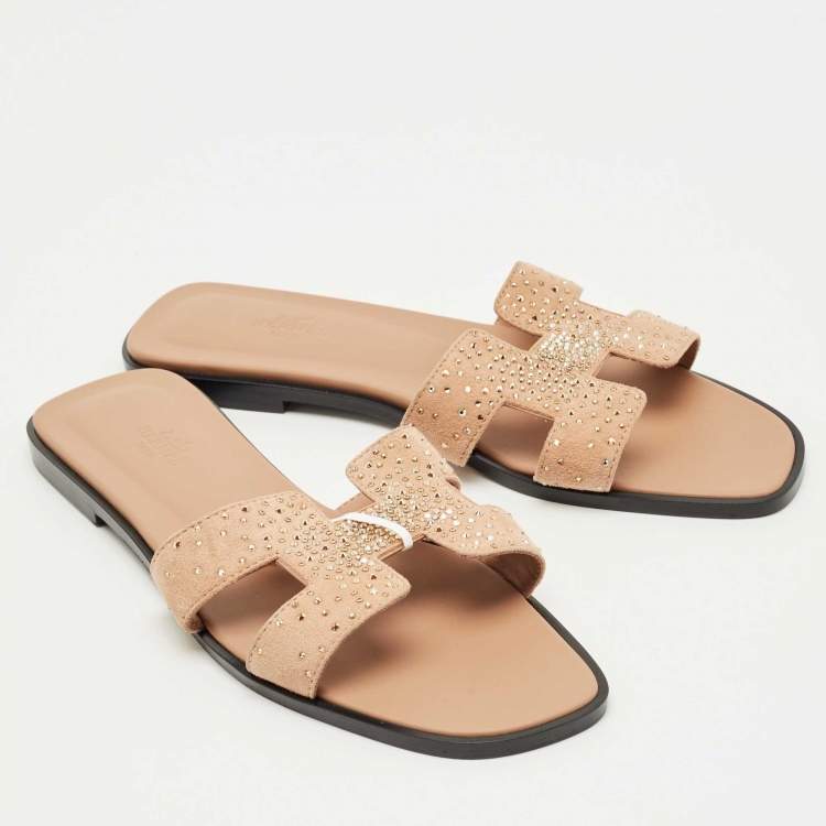 Pre Owned Hermes Beige Suede Oran Crystals Flat Slides Size 40