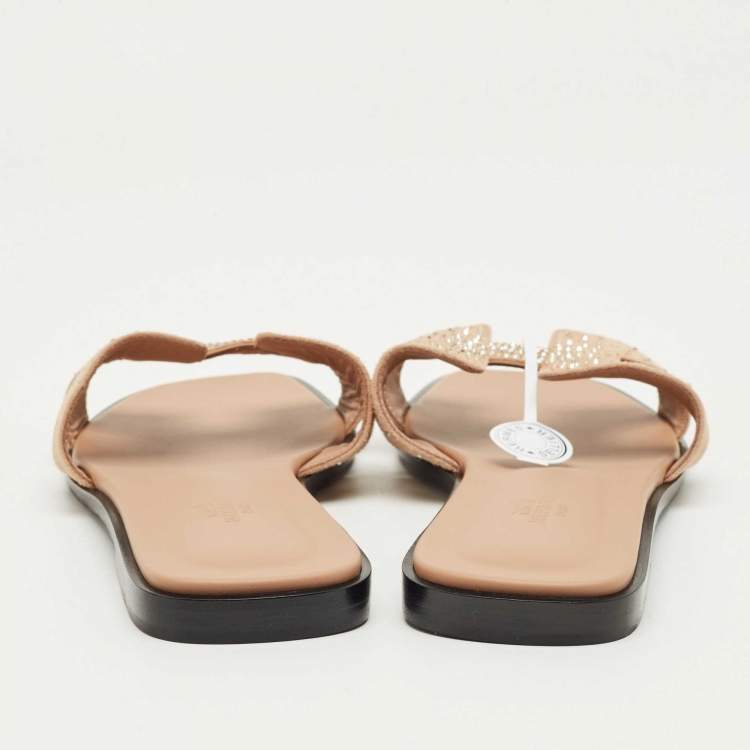 Pre Owned Hermes Beige Suede Oran Crystals Flat Slides Size 40