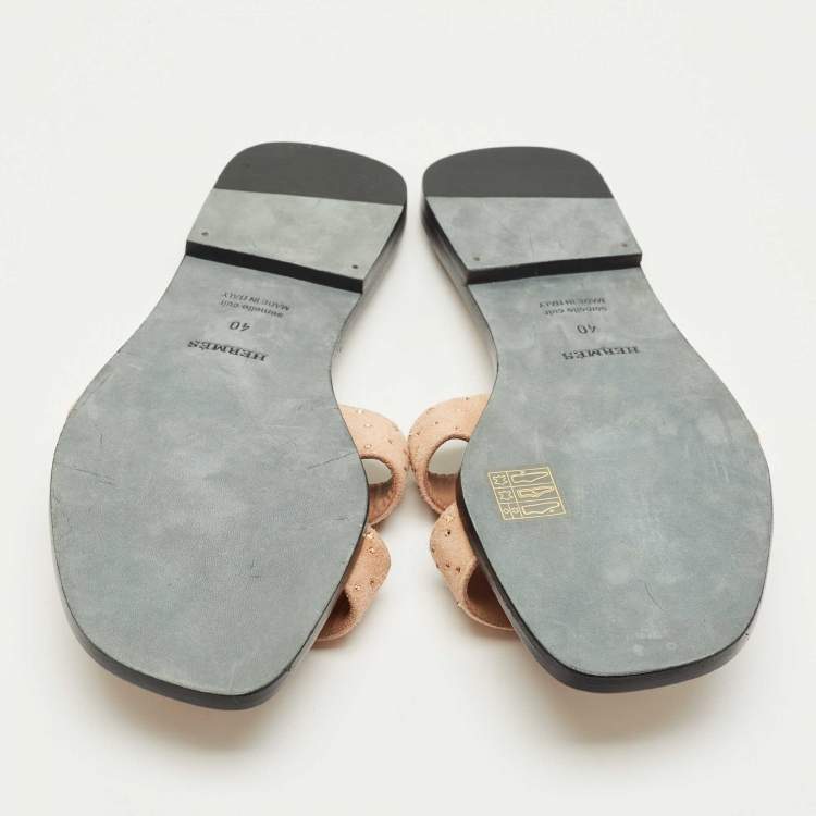 Pre Owned Hermes Beige Suede Oran Crystals Flat Slides Size 40