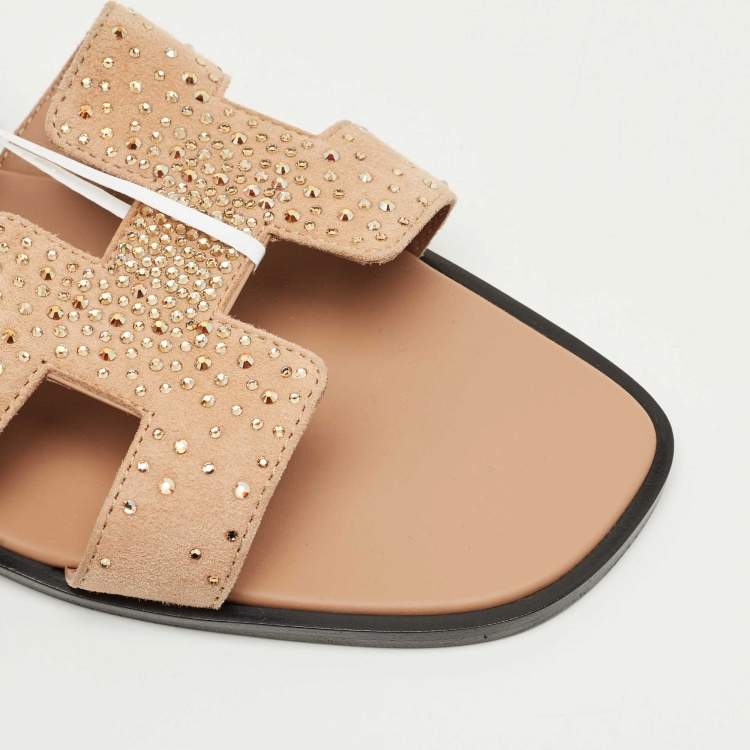 Pre Owned Hermes Beige Suede Oran Crystals Flat Slides Size 40